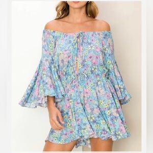Floral Off The Shoulder Romper, Lavender & Blue